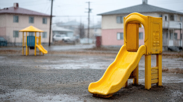 Deserted Yellow Playground Slide in Rainy Residential Area