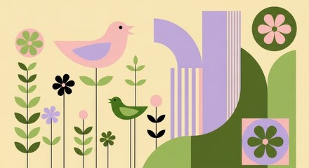 Stylized mid-century modern illustration of birds and flowers in a garden