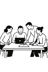 Four colleagues around a table working on a project with laptop and tablet isolated PNG with Transparent Background