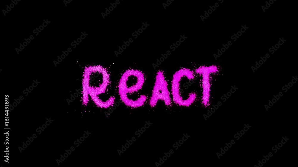 Poster animated text effect showcasing the word 'react' in vibrant pink sparkles on a black background, emp