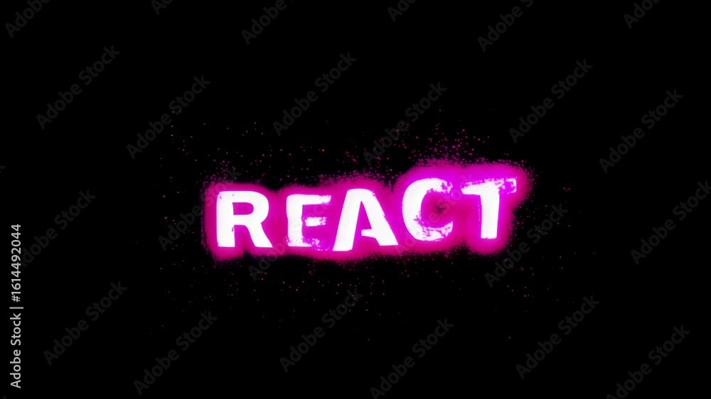Poster dynamic animation of the word 'react' glowing vibrantly with pink colors against a dark background, 