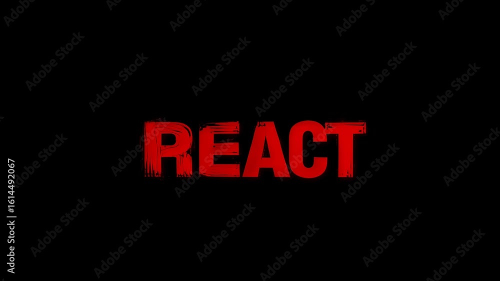 Poster artistic representation of the word 'react' with a textured, dynamic appearance against a dark backg