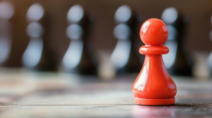 A red chess pawn on a chessboard with black pieces in the background.