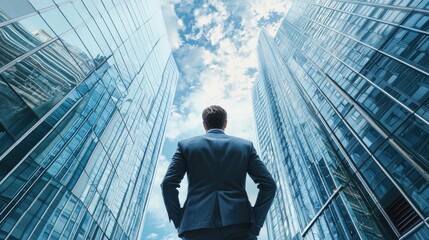 A businessman standing between two tall glass skyscrapers, looking up at the sky. The setting is a modern urban environment with a clear blue sky and high-rise buildings.