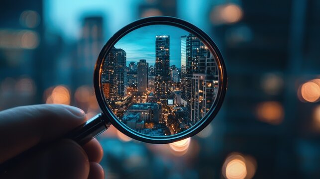 A hand holding a magnifying glass over a cityscape at night, with a blurred background of tall buildings and lights. - Powered by Adobe