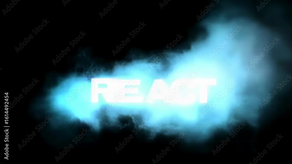 Poster a stark, high-contrast text animation featuring the word 'react' with a modern aesthetic. the letter