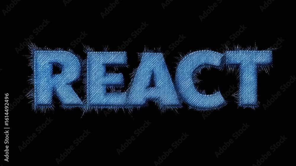 Poster dynamic illustration of the word 'react' composed of vibrant blue particles creating a sense of move
