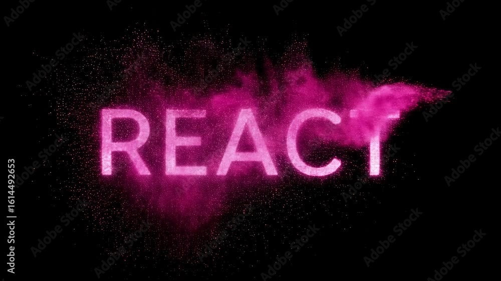 Poster dynamic pink powder mist forming the word react against a black background, creating an energetic an