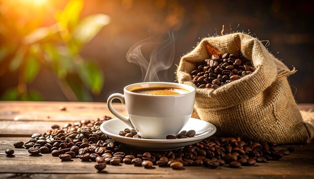 Freshly brewed coffee with beans