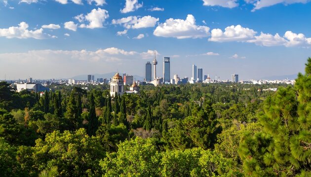 Panoramic View of Mexico City Skyline with Lush Green Forest Under Blue Sky