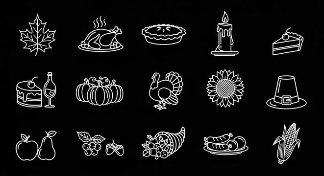 Thanksgiving icon set in white outline style on black background