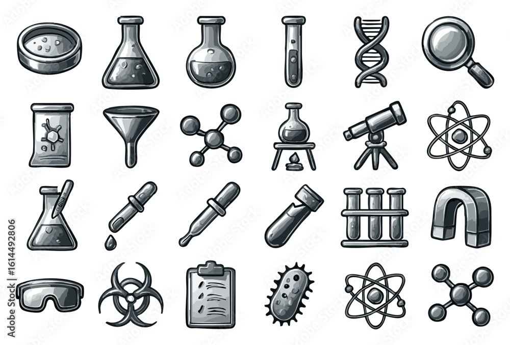 Poster a collection of stylized science icons and symbols in a grayscale aesthetic, showcasing laboratory e
