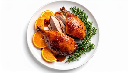 A plate with two roasted duck legs garnished with orange slices, rosemary sprigs, and cranberries, presented on a white plate.