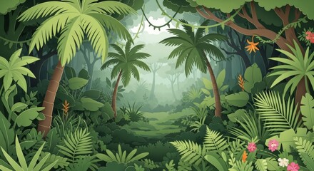 Naklejka premium Lush Green Tropical Rainforest Jungle Paper Cut Illustration