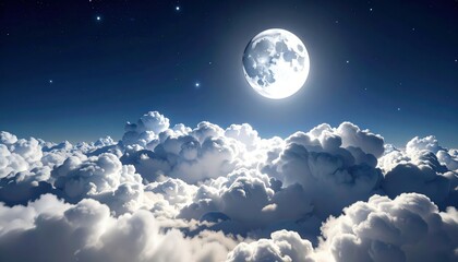 A bright full moon shines above fluffy clouds under a starry night sky, creating a serene and magical atmosphere.