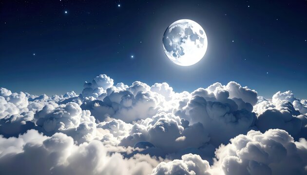 A bright full moon shines above fluffy clouds under a starry night sky, creating a serene and magical atmosphere.