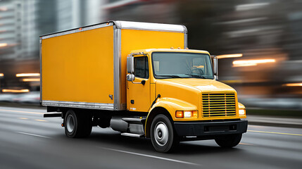 Vibrant Yellow Delivery Truck Speeding Through Urban Streets at Dusk