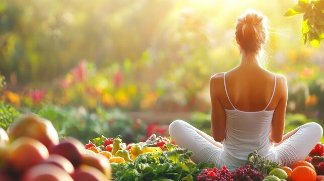 A woman meditating in a lush, vibrant garden with a backdrop of sunlit flowers and greenery.