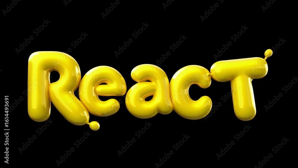 Poster bright yellow 3d text saying 'react' with a glossy finish on a black background, creating a bold vis