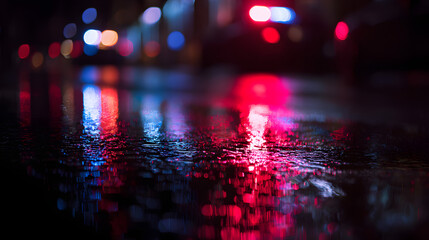 Police lights reflecting on wet pavement at night, creating a vivid urban atmosphere.