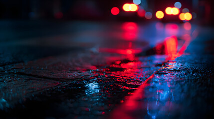 Police lights reflecting on wet pavement at night, creating a vivid urban atmosphere.