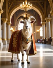 Goat with royal robe, crown tilted to the side, standing confidently in a palace hall 