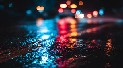 Police lights reflecting on wet pavement at night, creating a vivid urban atmosphere.