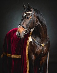 Horse dressed like a medieval king with armor and a flowing velvet cape