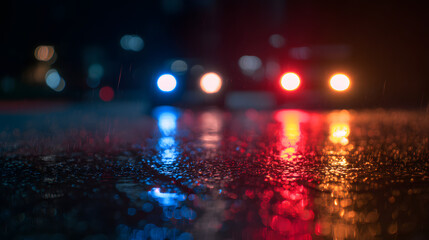 Police lights reflecting on wet pavement at night, creating a vivid urban atmosphere.