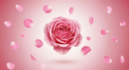 Beautiful pink rose flower with falling petals on a romantic pink background