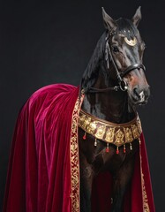 Horse dressed like a medieval king with armor and a flowing velvet cape