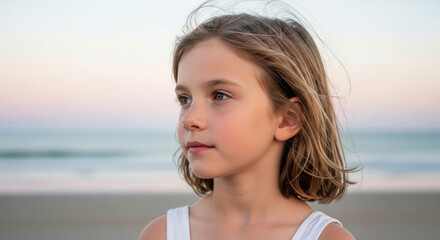 Thoughtful young girl with blonde hair gazes into distance standing on sandy beach at sunset, soft natural light illuminates her gentle face and calm expression