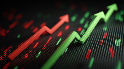 A close up view of green and red arrow lines indicating financial growth and decline on screen