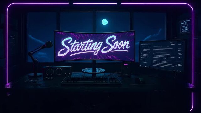 Stream Starting Soon: Neon Gaming Setup. Stream starting soon screen, overlay loop, animated virtual backgrounds, vtuber asset twitch zoom OBS.