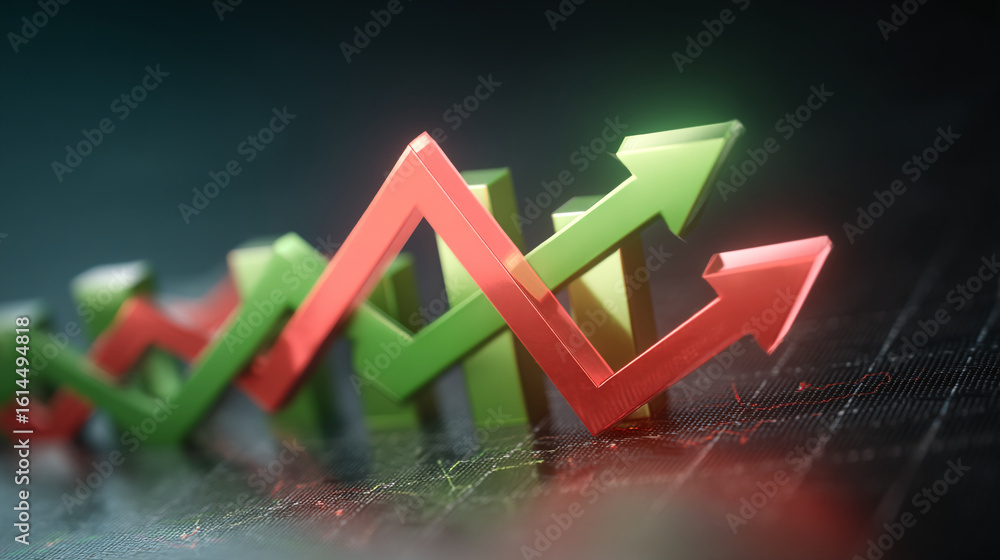 Poster abstract representation of alternating red and green arrow shapes pointing upwards on a dark surface