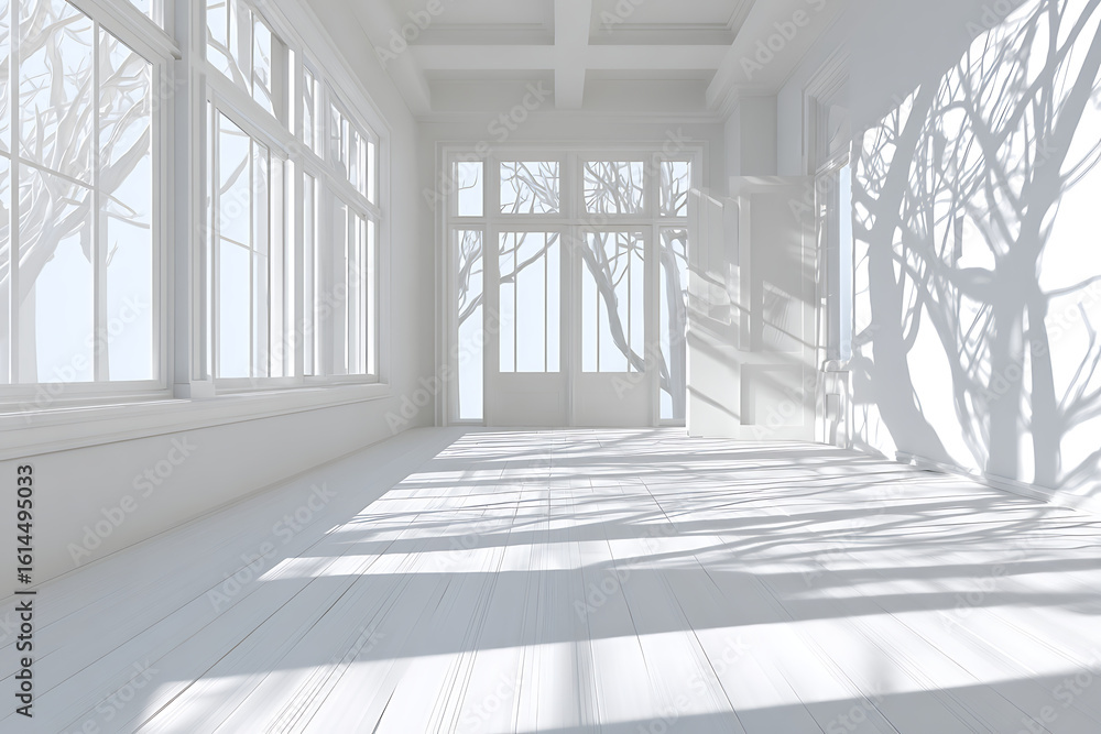 Poster bright and airy white room with large windows casting dramatic tree shadow patterns on the floor and