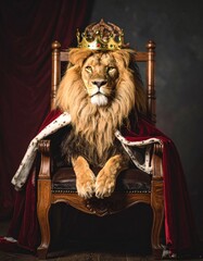Lion wearing a golden crown and velvet royal cloak, sitting on a throne