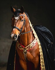 Horse dressed like a medieval king with armor and a flowing velvet cape