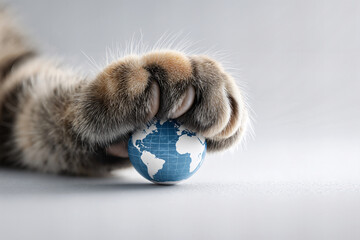 Close-up of a tabby cat paw gently gripping a miniature Earth globe on neutral background for International Cat Day.