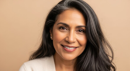 Fototapeta premium Confident mature woman with long dark hair and gray streaks smiling gently at camera indoors against warm beige background, embracing graceful aging and self assurance