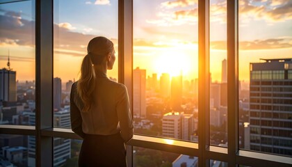 Professional woman contemplating urban sunrise from modern office window perspective