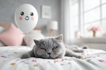 Sleepy grey cat lounging on bed surrounded by star-shaped confetti and a smiling balloon for International Cat Day.