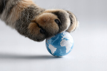Tabby cat paw gently pressing a tiny blue and white Earth globe on a neutral background, celebrating International Cat Day.