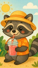 Cute raccoon enjoying summer drink.