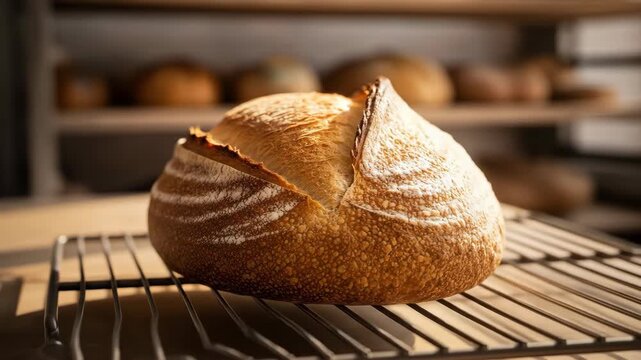 Freshly baked sourdough bread loaf on cooling rack with crust and soft interior. Food photography.