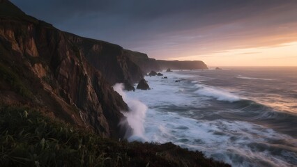 Dramatic Sunset Over Coastal Cliffs with Waves Crashing Below