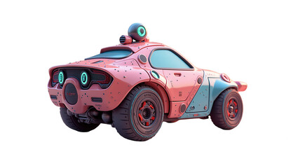 Futuristic pink and teal sports vehicle.