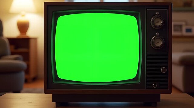 A retro-style television showing a flickering green screen glitch, gradually zooming out to reveal a sentimental, vintage-themed backdrop.