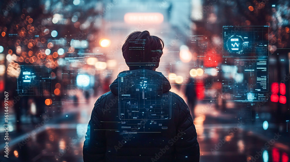 Poster person experiencing the metaverse virtual world through smartphone interface, showcasing blockchain 