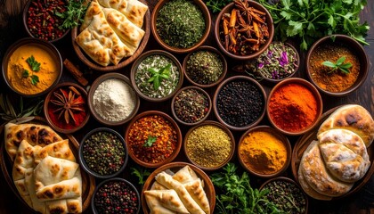 Overhead view of Turkish spices, dried herbs, and traditional flatbread in rustic bowls. Warm, rich tones ideal for culinary, cultural, and organic themes.